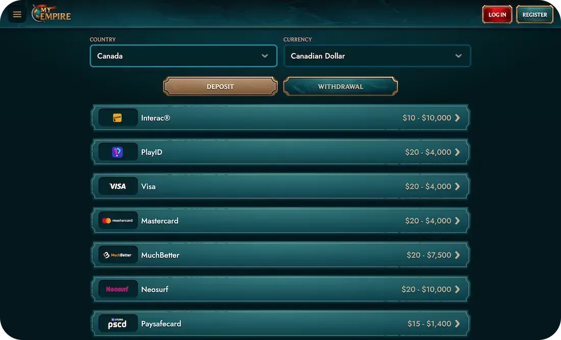 myempire casino payments