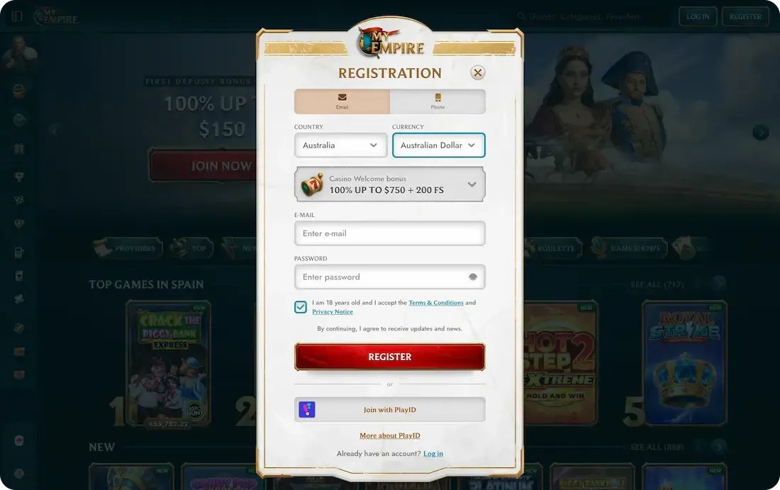 myempire casino registration